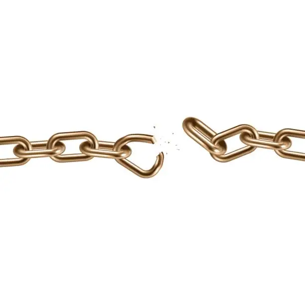 Vector illustration of Metal golden broken chain 3D. Freedom concept. Vector illustration.