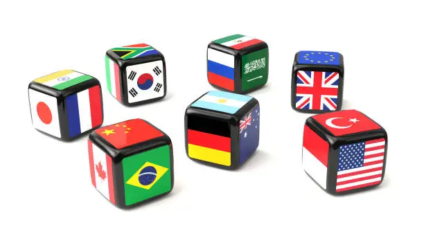 Dice with flags of the G20 nations cast