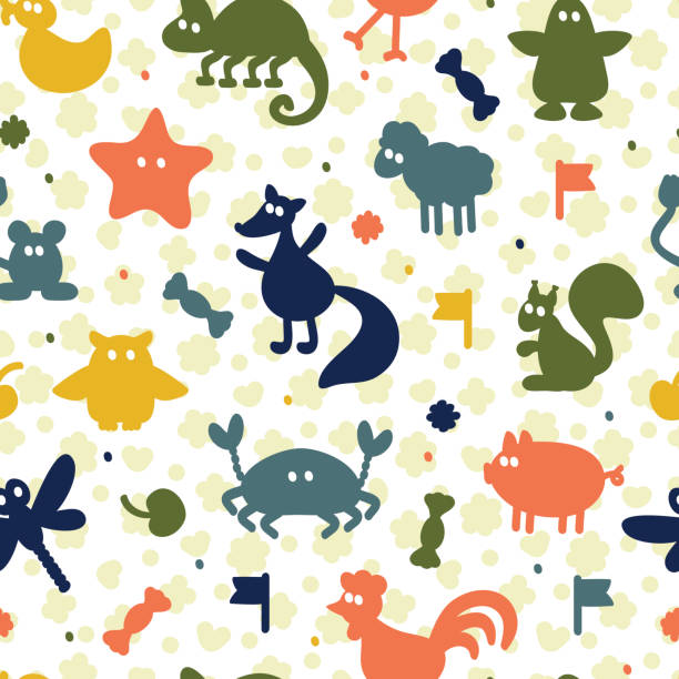 Seamless pattern with different cartoon animal silhouettes. Kids wallpaper. Colorful background for children with different animals Seamless pattern with different cartoon animal silhouettes. Kids wallpaper. Colorful background for children with different animals rainbow crab stock illustrations