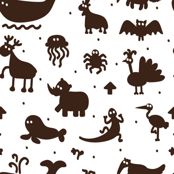 ilustrações de stock, clip art, desenhos animados e ícones de silhouettes of cartoon funny animals. vector seamless pattern of different animals - white animal eye arachnid australia