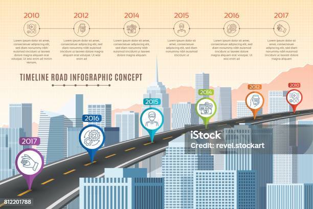 Ilustración de Línea De Tiempo Infografía Concepto Camino Similar Nueva York Skyli y más Vectores Libres de Derechos de Mapa de carretera