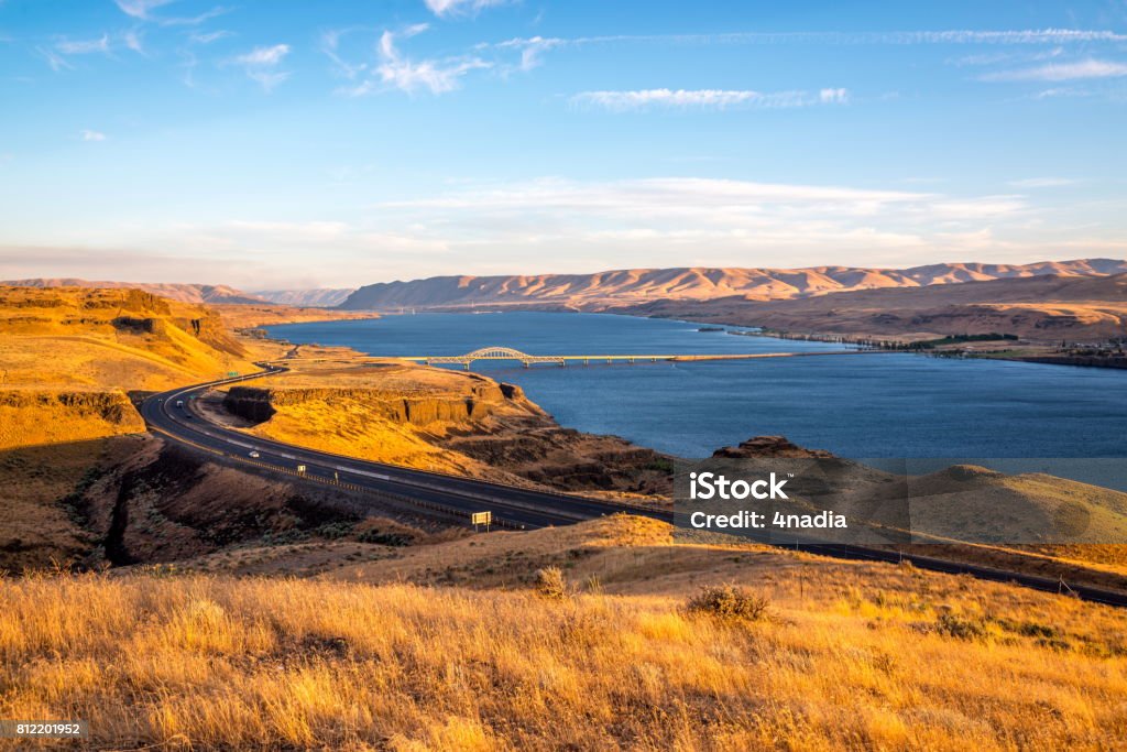 Columbia River and Vantage Bridge I-90,WA Columbia River and Vantage Bridge I-90 Washington State Stock Photo