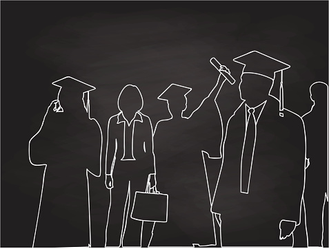 Chalkboard silhouette illustration of a group of proud graduates and a business woman in the background