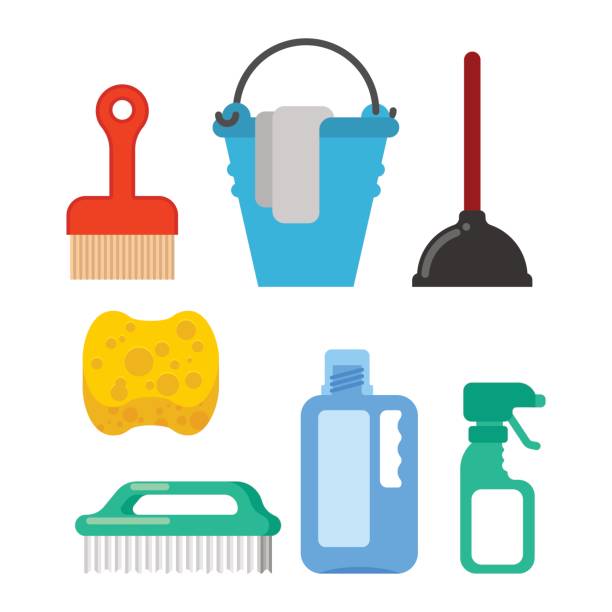 ilustrações de stock, clip art, desenhos animados e ícones de cleaning accessory. washing brush and plunger. bucket and floorcloth. sponge and sprayer. cleaner tools - floorcloth