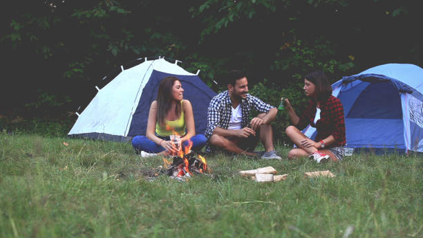 istock Three friends are on camping in nature 812214154