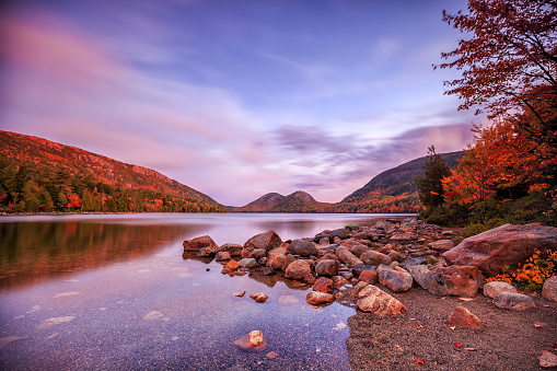 Lower Ausable Lake in the Adirondack Mountains, New York State, USA, during Fall colors.