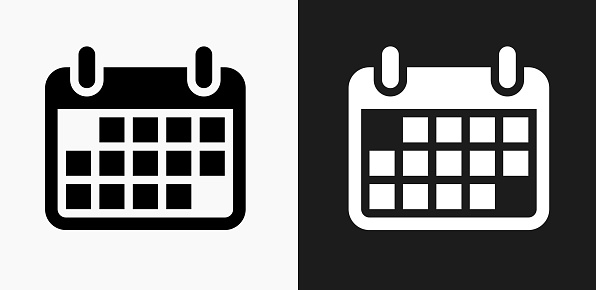 Calendar Icon on Black and White Vector Backgrounds. This vector illustration includes two variations of the icon one in black on a light background on the left and another version in white on a dark background positioned on the right. The vector icon is simple yet elegant and can be used in a variety of ways including website or mobile application icon. This royalty free image is 100% vector based and all design elements can be scaled to any size.