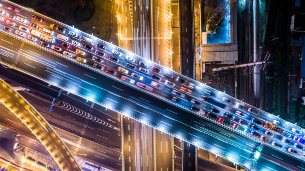 aerial view of highway - night traffic imagens e fotografias de stock