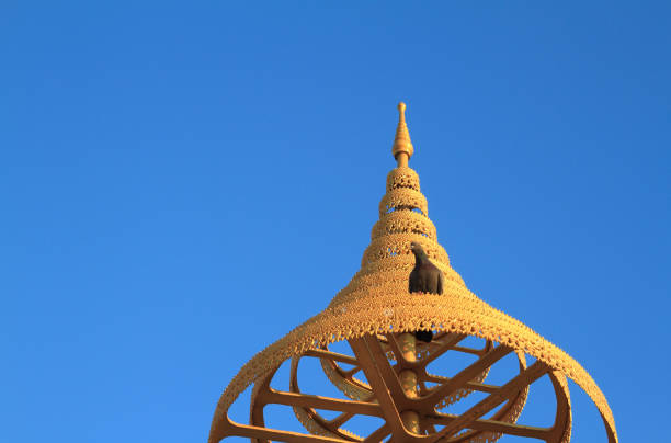 Tiered golden umbrella in Buddhism on blue sky background