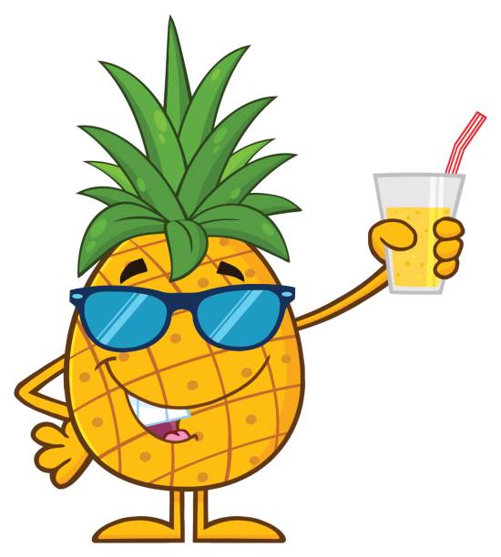 ilustraciones, imágenes clip art, dibujos animados e iconos de stock de hojas de piña fruta verde y gafas de sol de dibujos animados mascota personaje sosteniendo un vaso de jugo de - 11206