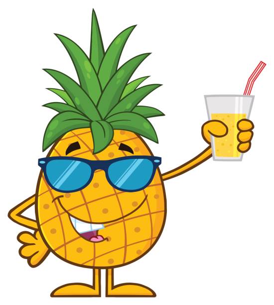 ilustrações de stock, clip art, desenhos animados e ícones de pineapple fruit with green leafs and sunglasses cartoon mascot character holding up a glass of juice - 11206