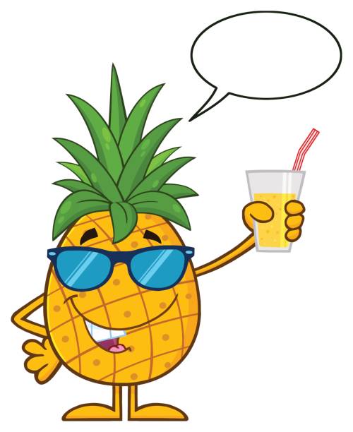 ilustraciones, imágenes clip art, dibujos animados e iconos de stock de hojas de piña fruta verde y gafas de sol de dibujos animados mascota personaje sosteniendo un vaso de jugo de - 11207