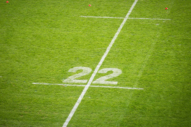the 22 meter line outside in a game of rugby painted onto green grass - australian rugby championship imagens e fotografias de stock