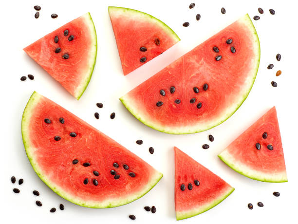 pieces of watermelon pieces of watermelon isolated on white background, top view melon photos stock pictures, royalty-free photos & images