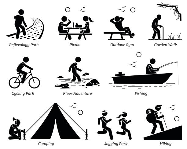 Outdoor Recreation Recreational Lifestyle and Activities. Pictogram depicts reflexology path, picnic, outdoor gym, garden walk, cycling park, river adventure, fishing, camping, jogging, and hiking. camping symbols stock illustrations