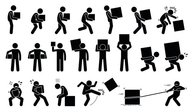 Person carrying heavy box. Man carrying and picking a box in various poses, postures, and positions. carrying stock illustrations