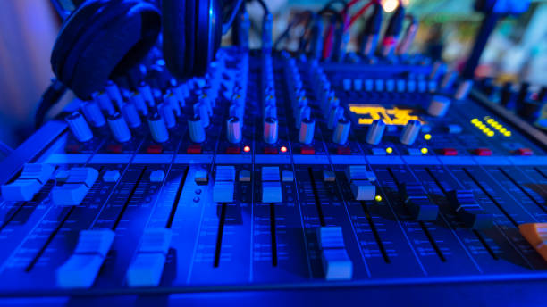 istock Amplifier and equalizer mixer switch of sound equipment. Selective focus. 812351204