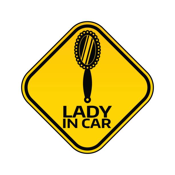 ilustrações de stock, clip art, desenhos animados e ícones de woman car driver sticker. female in automobile warning sign lady looking-glass mirror in yellow rhombus to vehicle glass - looking glass rock