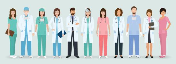 ilustraciones, imágenes clip art, dibujos animados e iconos de stock de grupo de médicos y enfermeras de pie juntos. personas médicas. personal del hospital. - doctor healthcare and medicine nurse team