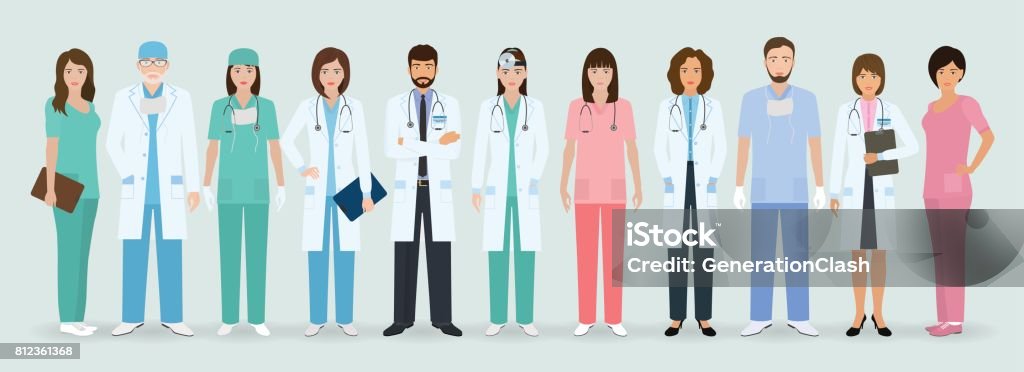 Group of doctors and nurses standing together. Medical people. Hospital staff. Group of doctors and nurses standing together. Medical people. Hospital staff. Flat style vector illustration. Doctor stock vector