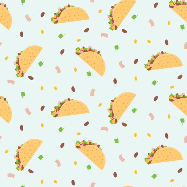 illustrazioni stock, clip art, cartoni animati e icone di tendenza di carino cartone animato colorato modello senza cuciture con tacos messicani, mais, lattuga e fagioli - seamless restaurant vegetable tomato