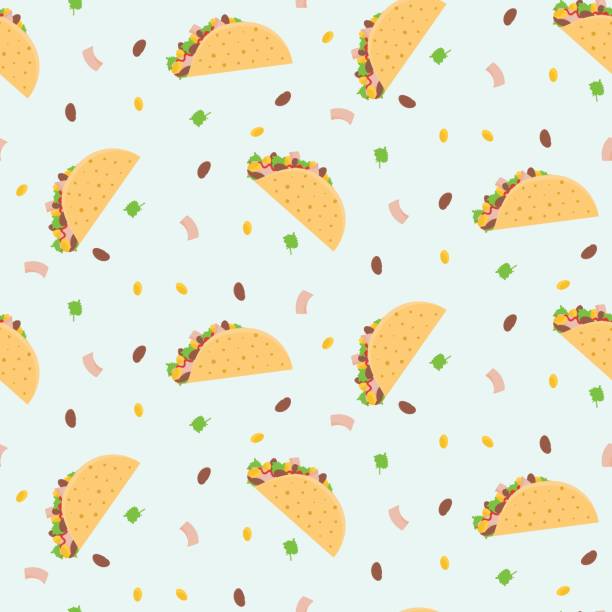 Cute cartoon colorful seamless pattern with mexican tacos, corn, lettuce and kidney bean Cute cartoon colorful seamless pattern with mexican tacos, corn, lettuce and kidney bean. Nice fastfood pattern for textile, cafe and restaurant wrapping paper, covers, banners, background, wallpaper tacos stock illustrations