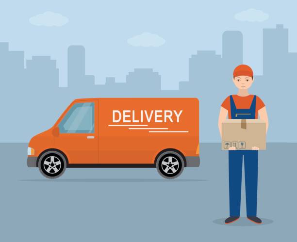 ilustrações, clipart, desenhos animados e ícones de homem com papelão caixa e entrega van no fundo da cidade. - van delivery van mini van messenger