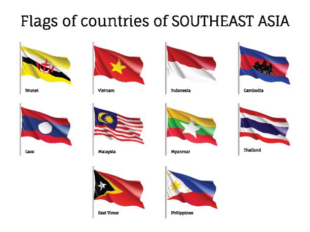 Waving flags of AEC members Set of waving flags of members of Asean Economic Community AEC Laos, Thailand and Vietnam, Malaysia and Philippines. Signs of Southeast Asia states. Vector isolated icons thai flag stock illustrations