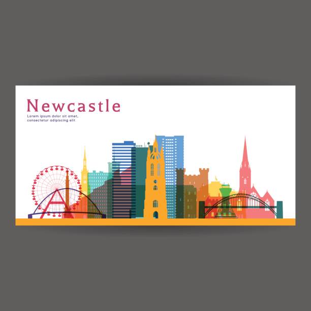 newcastle renkli mimari vektör çizim, manzarası şehir silueti, gökdelen, düz tasarım. - newcastle stock illustrations