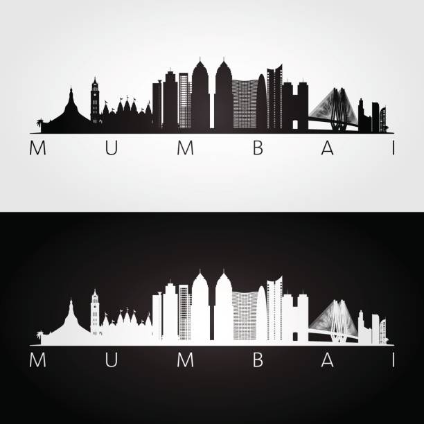 ilustrações, clipart, desenhos animados e ícones de mumbai skyline e marcos silhueta, preto e branco desenho, ilustração vetorial. - bombaim