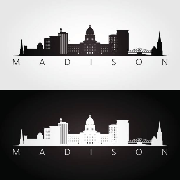kuvapankkikuvitukset aiheesta madison usa taivaanranta ja maamerkit siluetti, mustavalkoinen muotoilu, vektori kuva. - madison