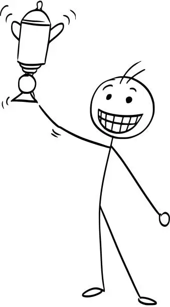 Vector illustration of Vector Stick Man Cartoon of Happy Man Holding a Trophy Winning Cup