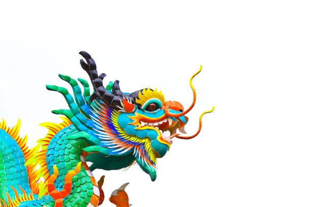istock Head of Chinese dragon against white sky 812392356
