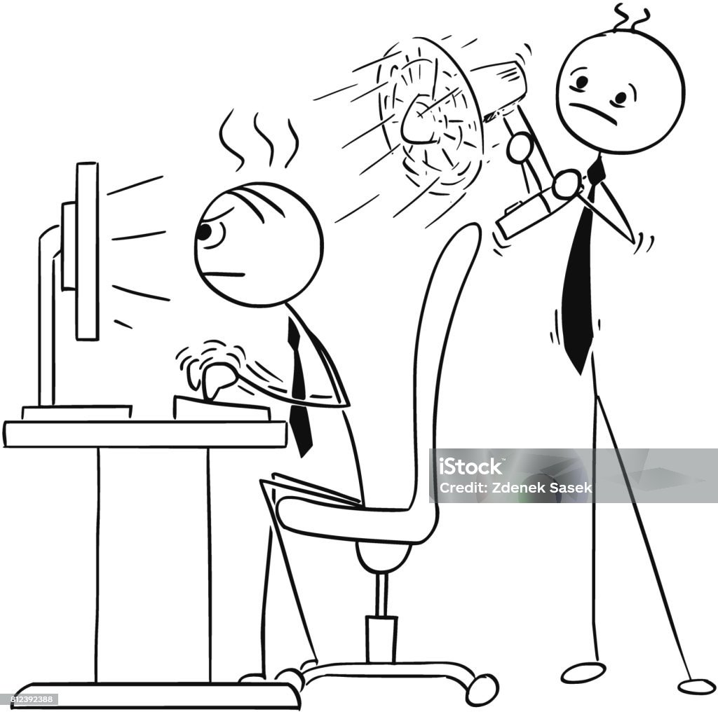 Vector Stick Man Cartoon Of Man Hard Working On The Computer And Second Man  Cooling Him With Fan Stock Illustration - Download Image Now - iStock
