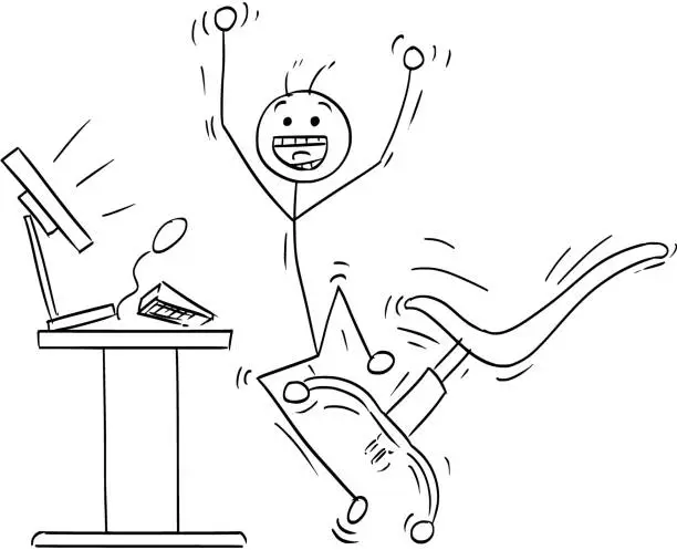 Vector illustration of Vector Stick Man Cartoon of Happy Man Celebrating a Success in Front of the Computer