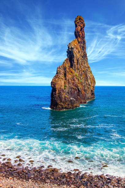Detailed coastal rock formation at Sao Lourenco Point Madeira, showing contrasting textures of lava layers descending into the turquoise sea