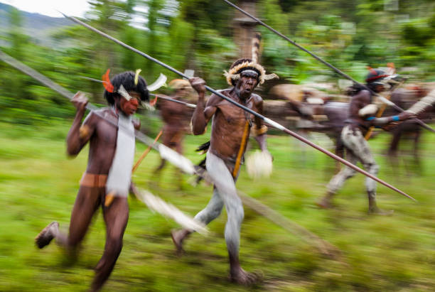 Tufi, Papua New Guinea, 4 December 2008 : Young Papuan tribal warriors dressed in traditional grass skirts, bird feather headdresses, playing drums and dancing in a circle during traditional ritual dance in a village