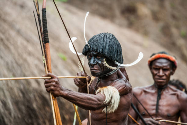 Men Dani tribe shoot an arrow. stock photo