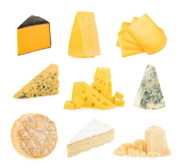 白い背景で隔離のチーズの種類。 - dutch cheese 写真 ストックフォトと画像