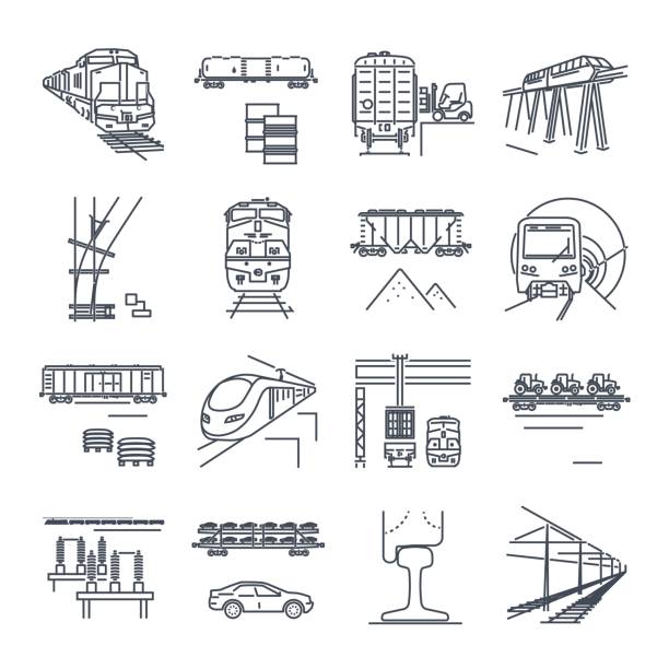 set of thin line icons freight and passenger rail transport vector art illustration