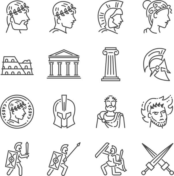 ilustraciones, imágenes clip art, dibujos animados e iconos de stock de conjunto de iconos de la línea de imperio romano. incluye los iconos como soldado, columna, coliseo, santuario, emperador y más. - roma