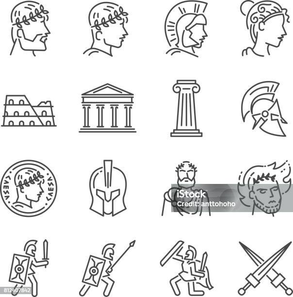 Roman Empire Line Icon Set Included The Icons As Soldier Column Coliseum Sanctuary Emperor And More Stock Illustration - Download Image Now