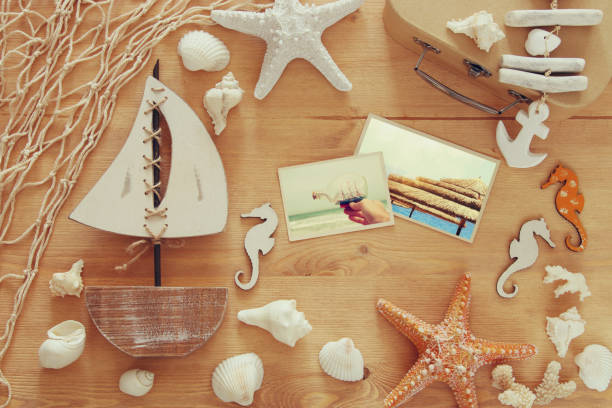 istock Nautical concept with sea life style objects on wooden table. 812408466