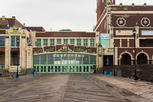 Asbury Park, NJ -- June 14, 2017 A look at Asbury Park's Convention Hall early on a rainy morning. Editorial Use Only.