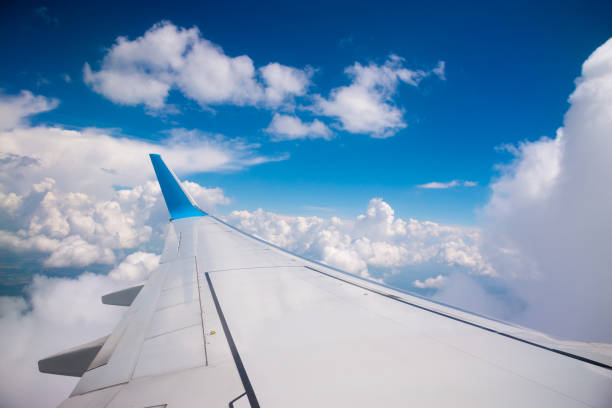 istock Wing of the plane on blue sky background 812419606