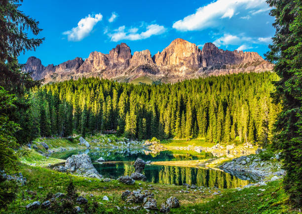 Karersee (Lago di Carezza), is a lake in the Dolomites in South Tyrol, Italy. stock photo