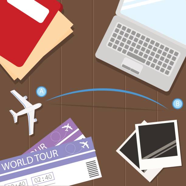 istock Top view of travel items on wooden table with road trip vector 812425772