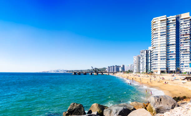 Hotels on the beach in Vina del Mar, Chile stock photo