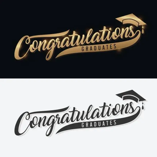 Vector illustration of Congratulations Graduate. Calligraphy lettering. Handwritten phrase with gold text on dark and white background