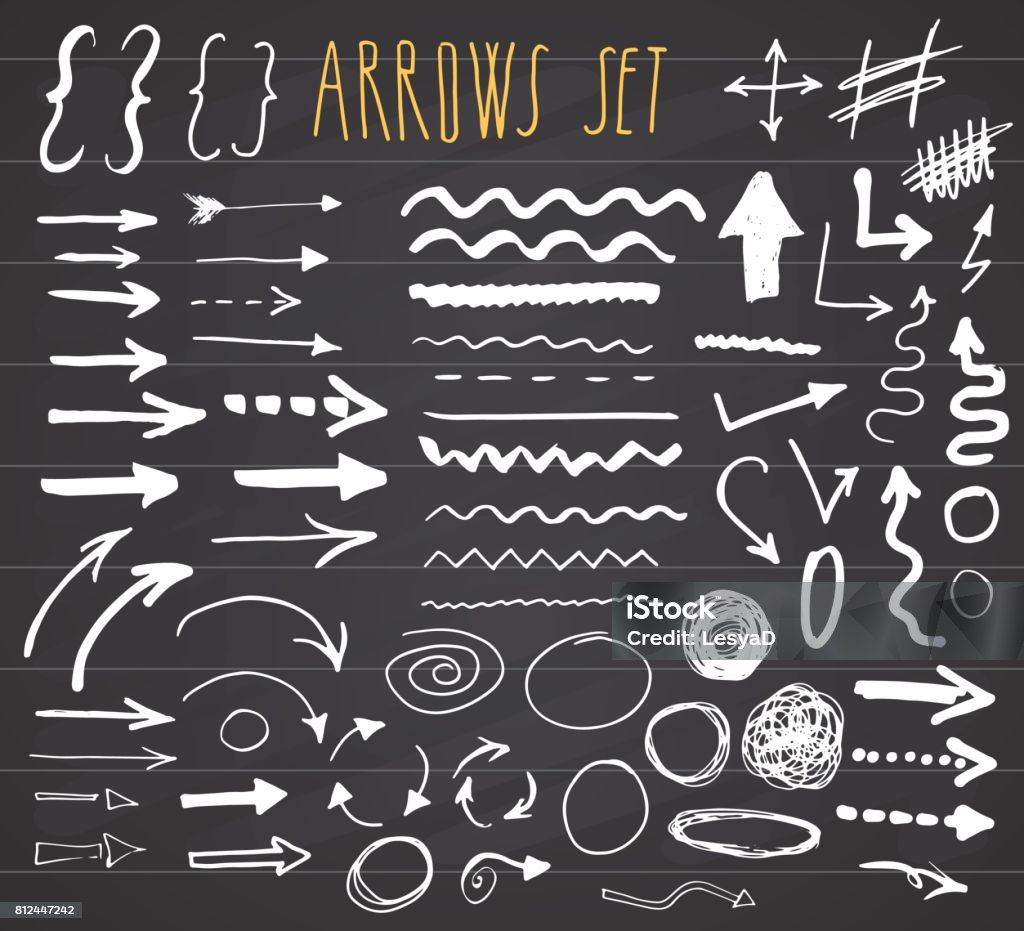 Arrows, dividers and borders, elements hand drawn set vector illustration on chalkboard background. Arrows, dividers and borders, elements hand drawn set vector illustration on chalkboard background Chalk Drawing stock vector